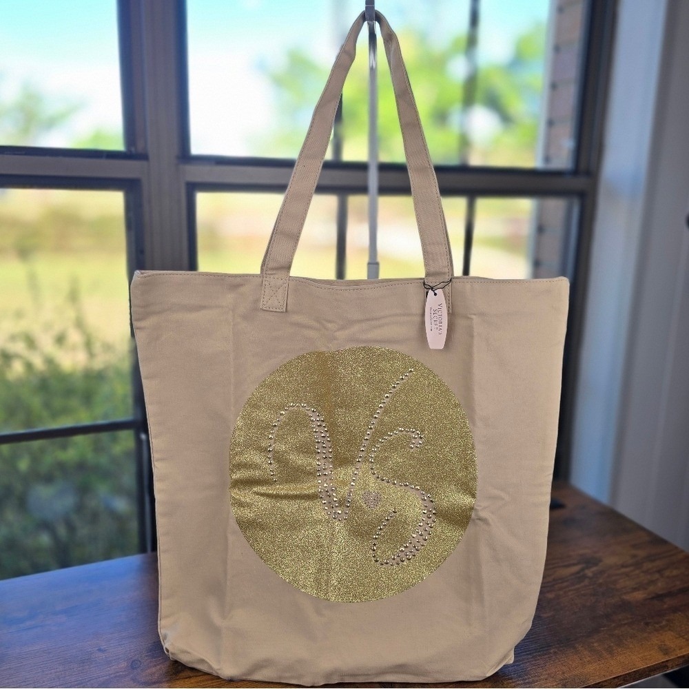 Victoria's Secret Beige Canvas Gold Glitter Tote Bag